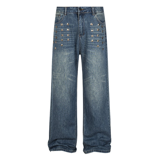 Gekraste denim jeans stoer design met vierkante studs