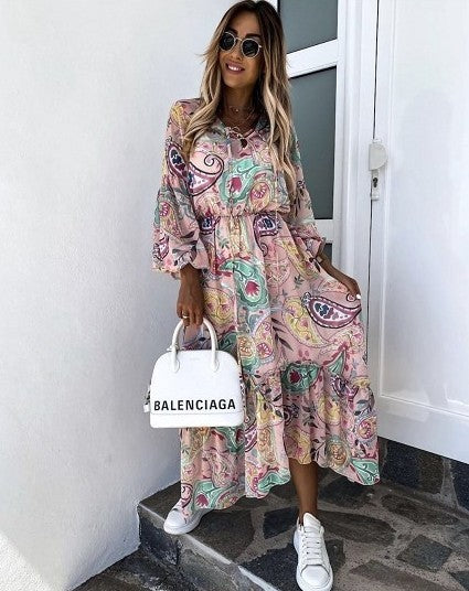 Halflange Bohemian Jurk Met Lange Pofmouwen