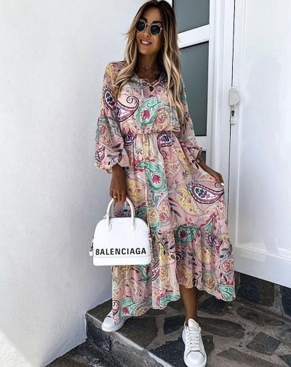 Halflange Bohemian Jurk Met Lange Pofmouwen