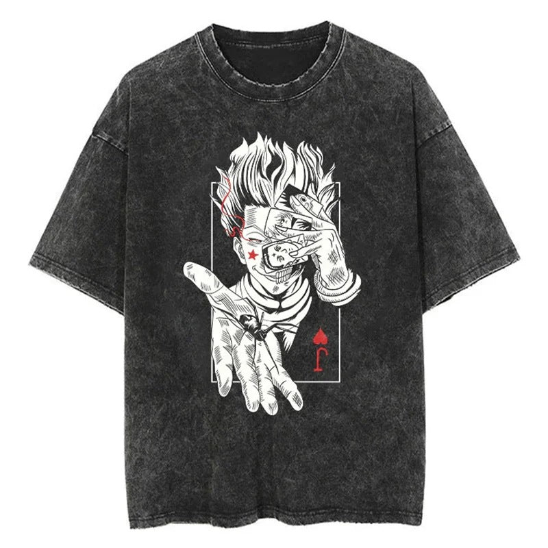 Summer New Fullmetal Alchemist Anime Print T-Shirt Summer Cotton Washed Vintage Distressed Short Sleeve Crew Neck