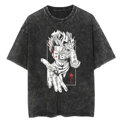 Summer New Fullmetal Alchemist Anime Print T-Shirt Summer Cotton Washed Vintage Distressed Short Sleeve Crew Neck