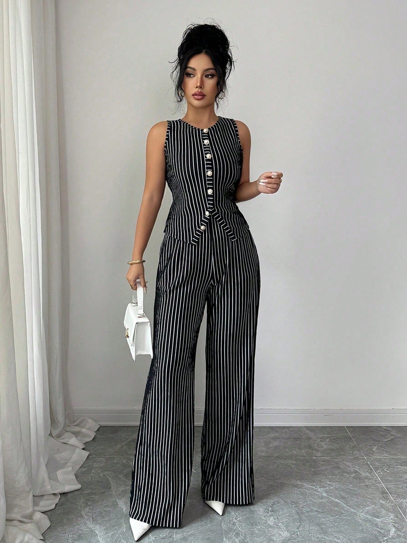 Retro gestreepte mouwloze vest en wijde broek set voor dames