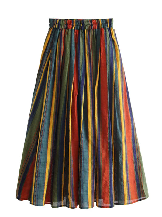 Qooth Spring Summer Women High-waisted Vertical Striped Skirts Women Chiffon Midi A-line Skirt With Big Swing