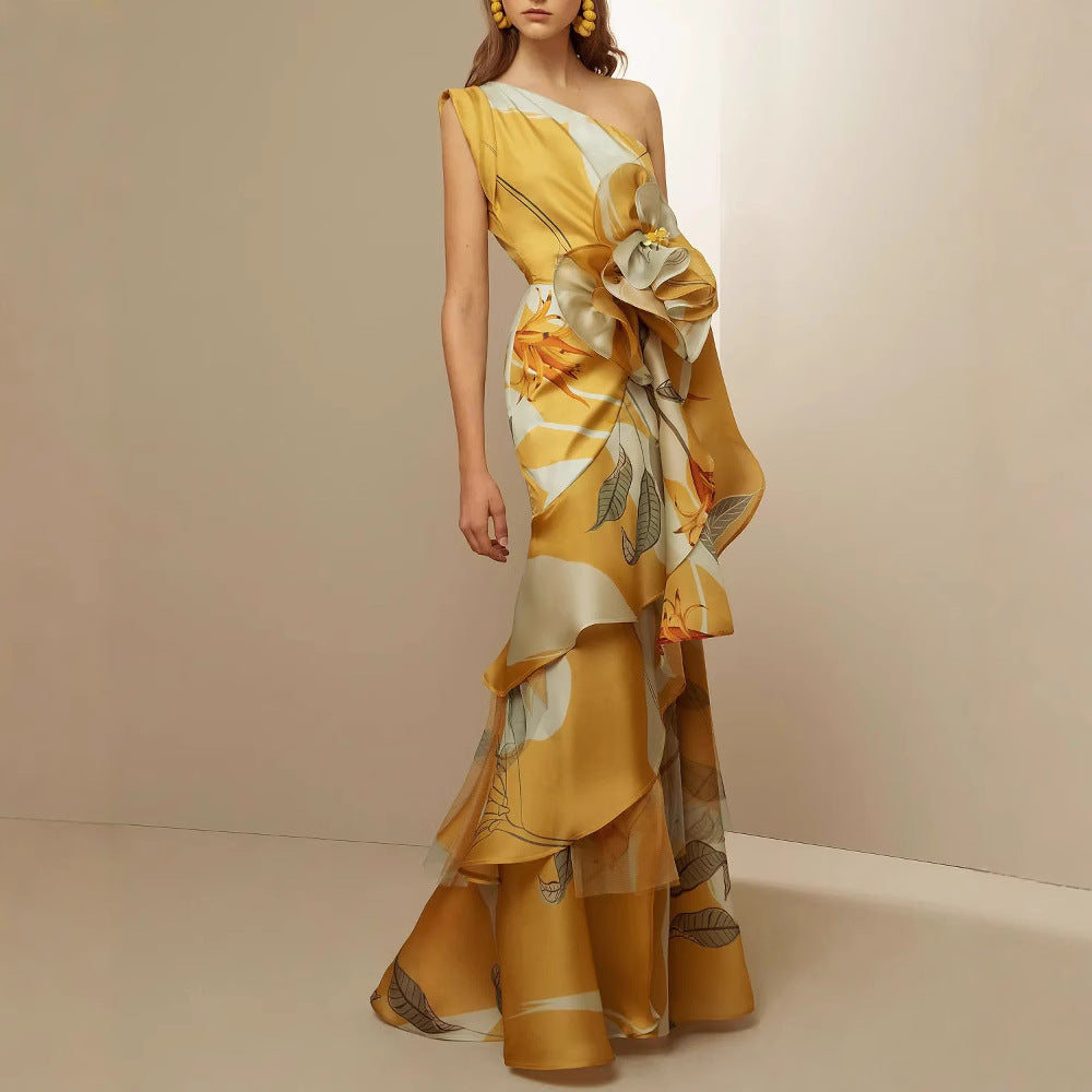 French Retro Printed Oblique Shoulder Dress