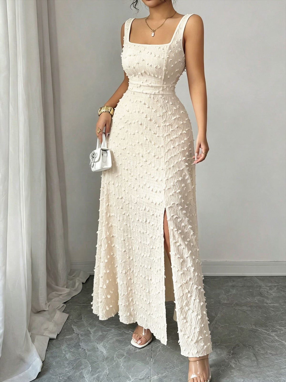 Square-Neck Jacquard Long Dress