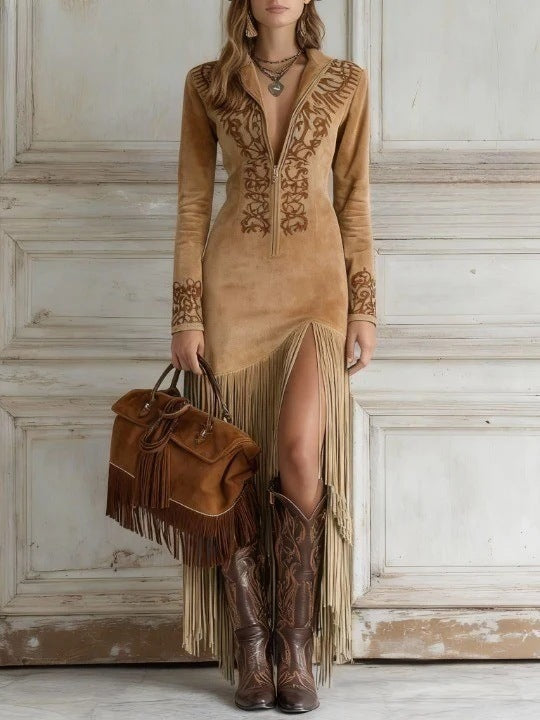 Retro Ethnic Tassel Floral Zipper Long Dress