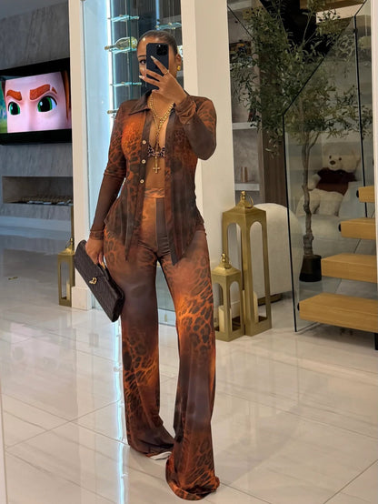 Womens Printed Mesh Cardigan Flared Pants Set