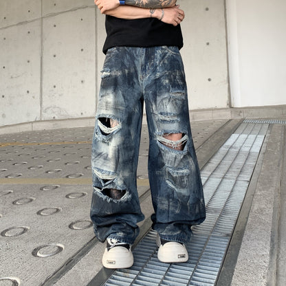 Men's Ripped Wide-Leg Denim Pants