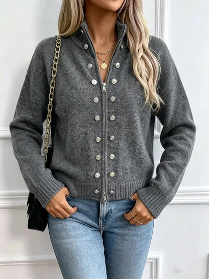 button-decorated knitted zipper cardigan sweater coat