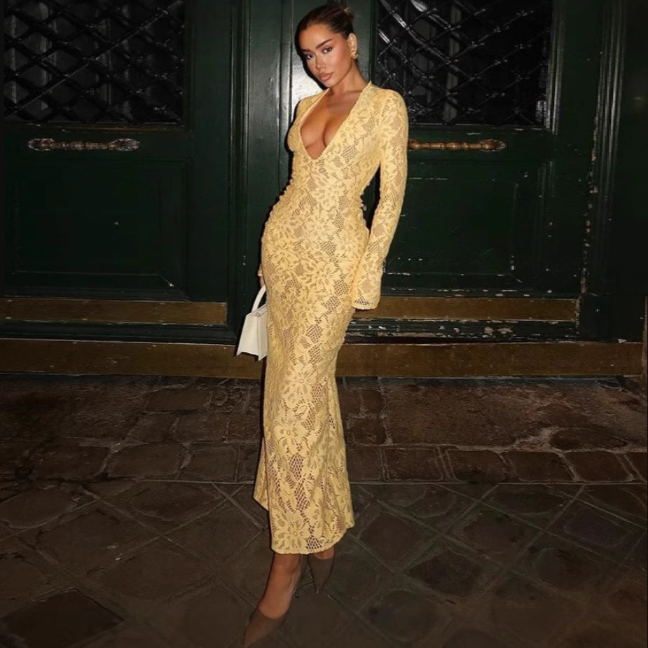 Sexy vrouwelijke diepe V-hals jurk mesh kant Amerikaans