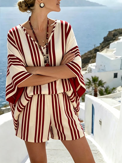 Printed V-Neck Loose Casual Two-Piece Women Fashion Vacation Shorts Set