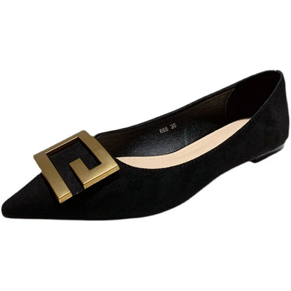 Flat Shoes for Women 2023 New Autumn Spring Pointed Toe Black Metal Buckle Retro Ladies Shoes Loafers Large Size 43 44 45 46