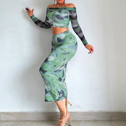 Long Sleeve One-Shoulder T-Shirt Slim Fitted Skirt Set for Women