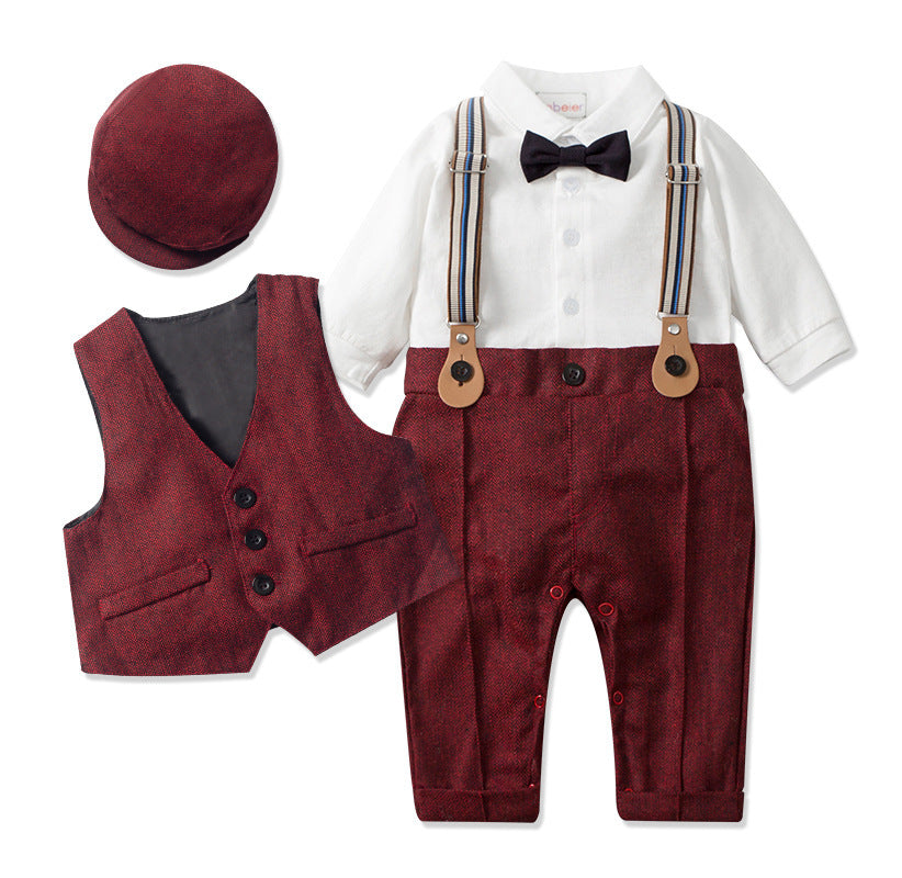 Boys Gentleman Suspender Romper Vest Set Short Sleeve Bow Tie Casual Two Piece Outfit