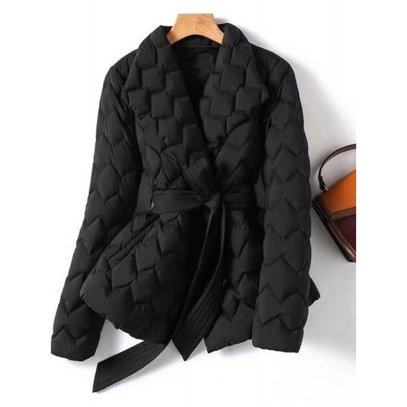 Women's Waist-Cinching Geometric Pattern Cotton Padded Coat