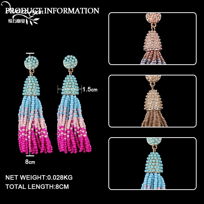 Dvacaman Brand  Layers Colorful Beads Tassel Fringes Earrings Women Boho Ethnic Long Drop Dangle Earrings Party Jewelry