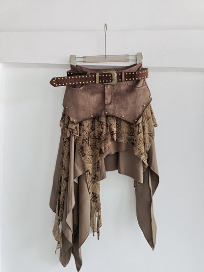 Patchwork Faux Suede Chiffon Midi Skirt