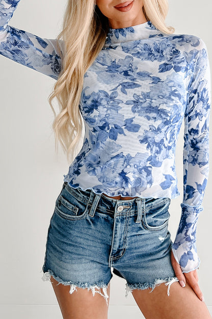 Hemelsblauwe mesh top met bloemenprint lange mouwen en opstaande hals