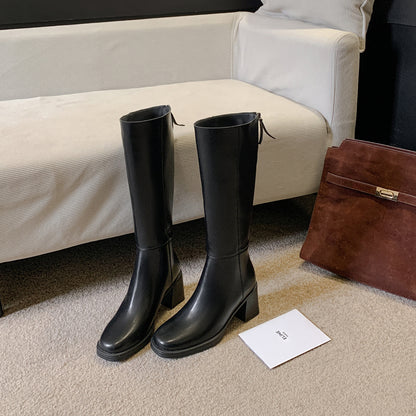 Cowhide Leather Women's Riding Boots Thick Sole High Boots