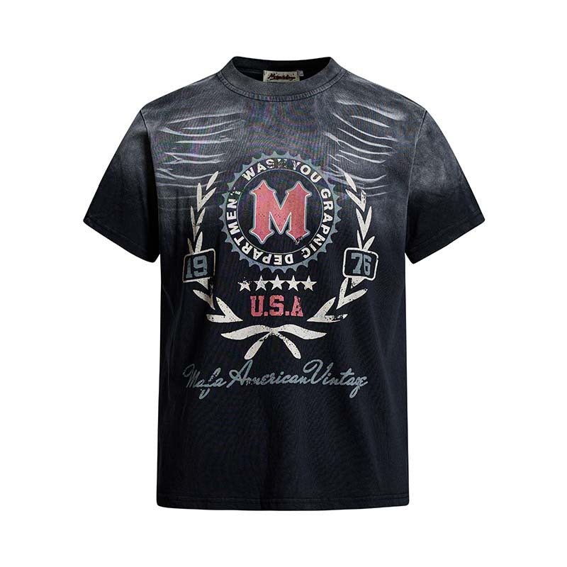Wash and make old letter printed gradient short sleeves