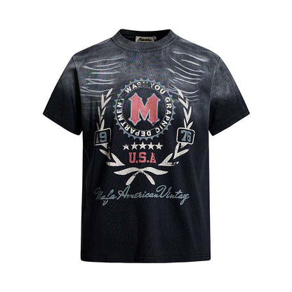 Wash and make old letter printed gradient short sleeves