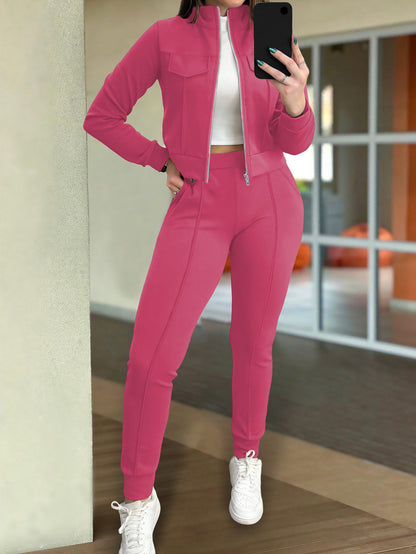 Effen kleur dames casual lange mouwen vest en broek tweedelig set