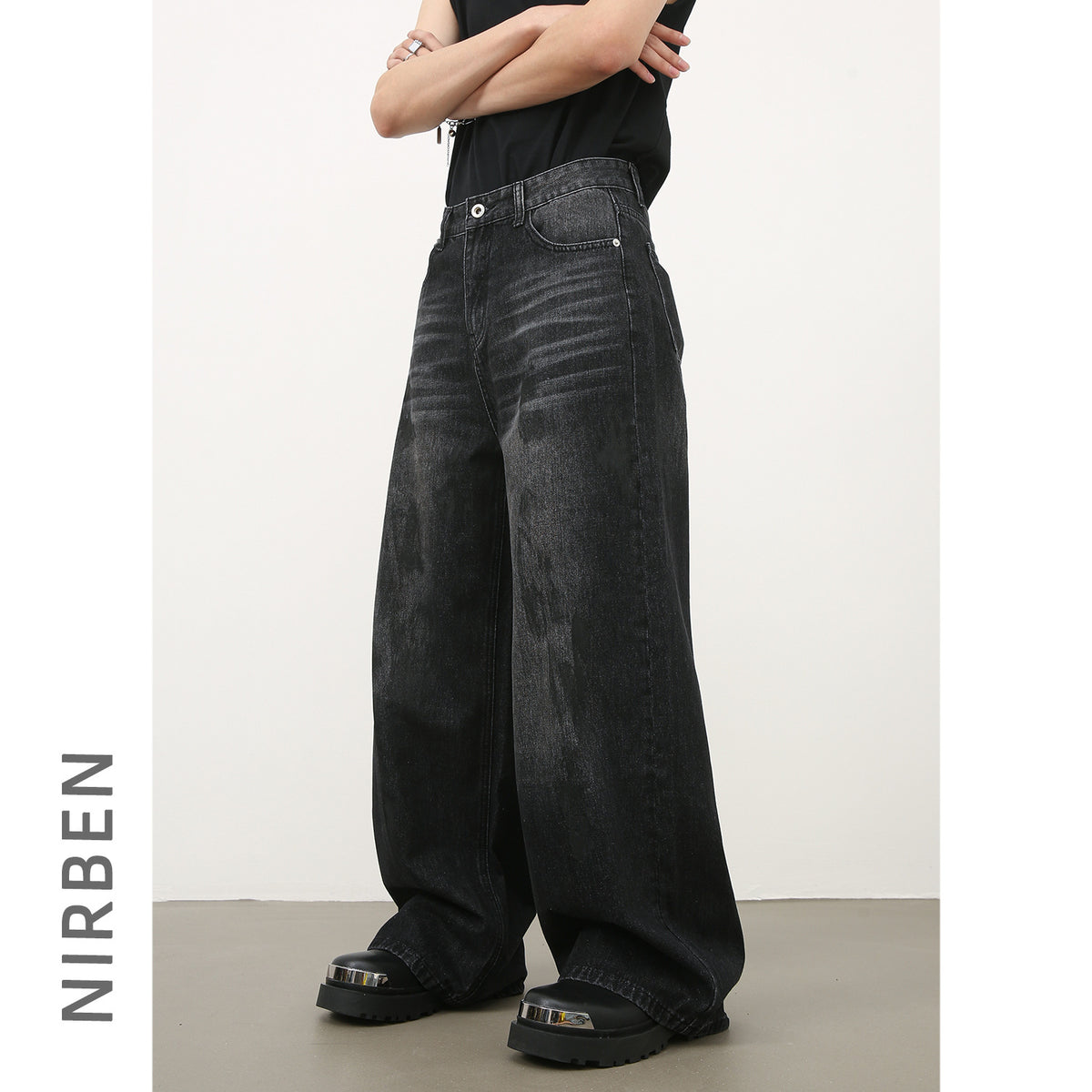 Retro wide-leg denim pants - Men's American-style loose straight-leg pants