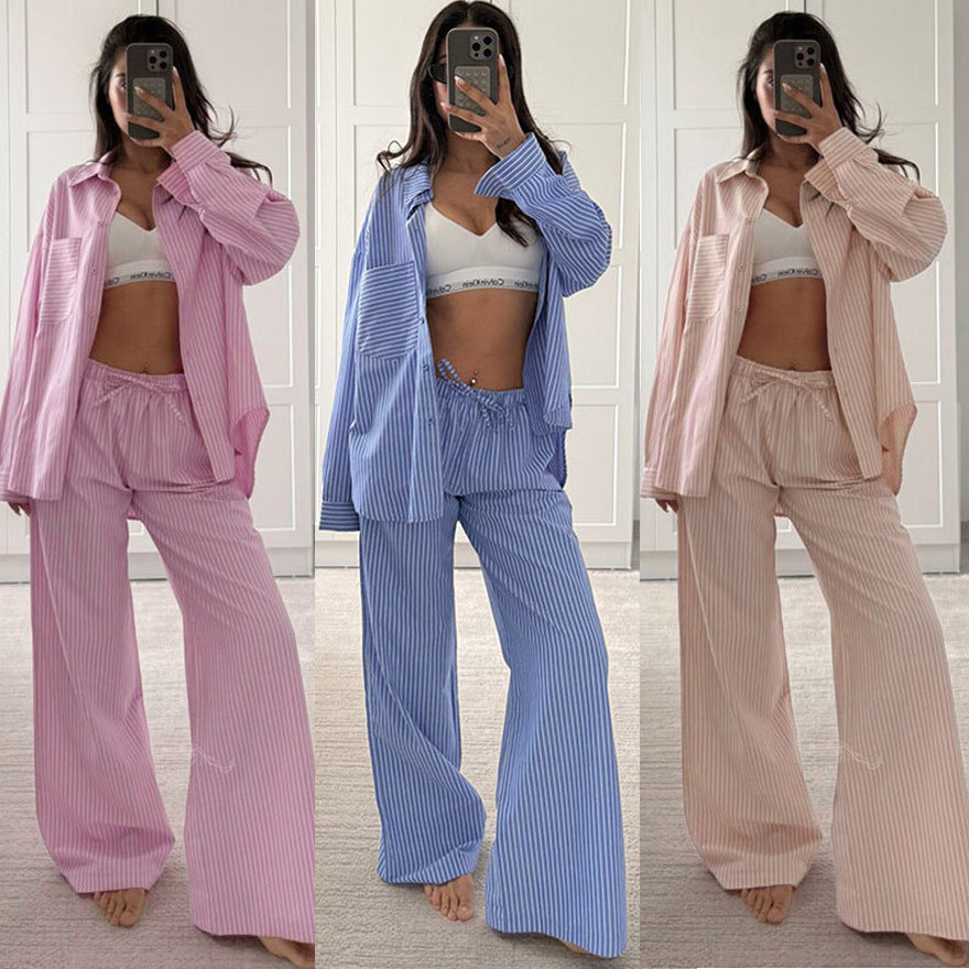 Dames casual gestreepte overhemd  met lange mouwen en  broek set