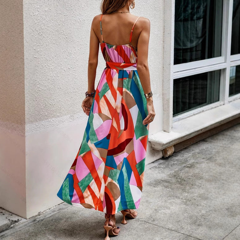 V Neck Suspender Geometric Dress