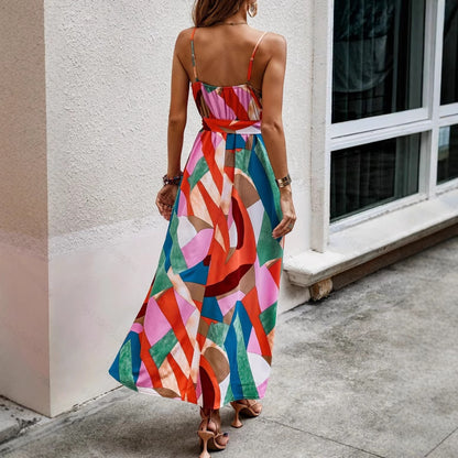 V Neck Suspender Geometric Dress