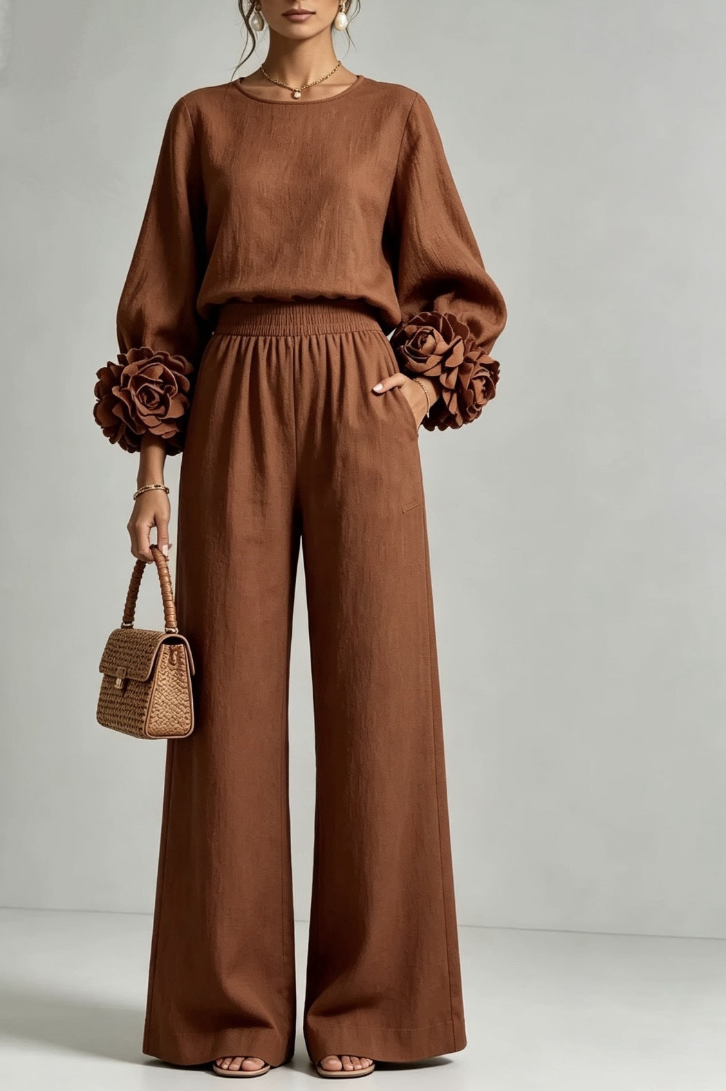 Women's Two-Piece Set Lantern Sleeve Top and Wide-Leg Pants Casual Loose Suit