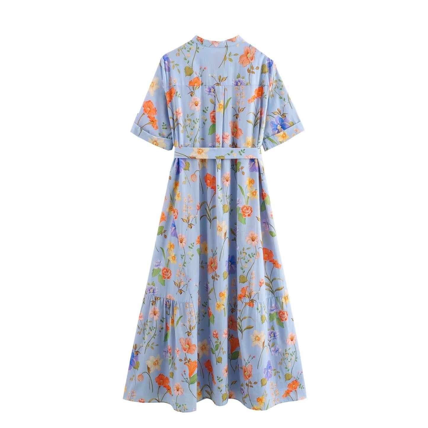 European and American summer new style round neck short sleeved blue printed waistband dress for women