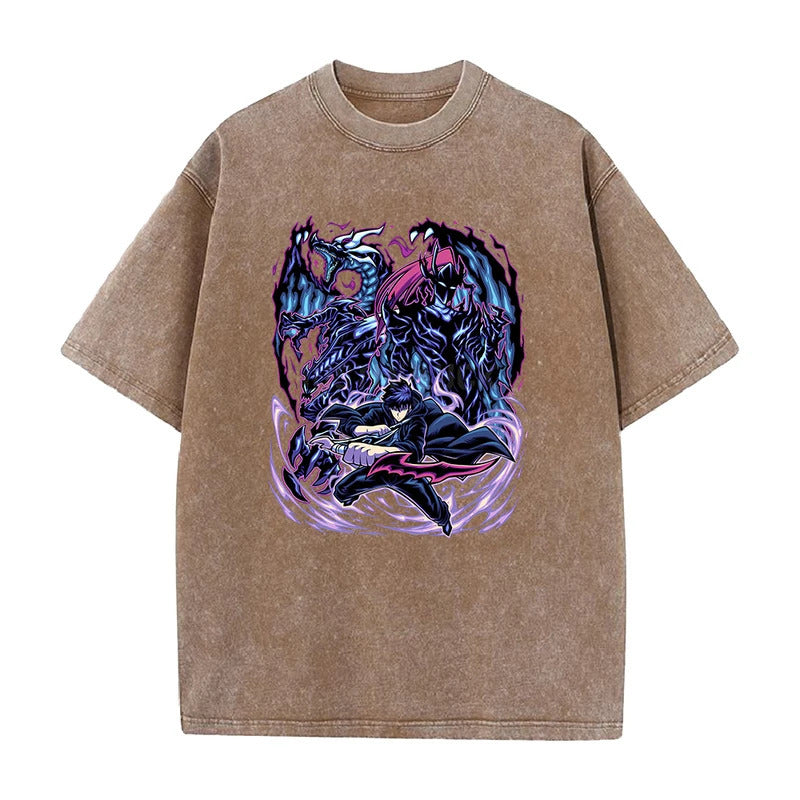 Summer New Anime Solo Leveling Printed T-Shirt Summer Cotton Washed Vintage Short Sleeve