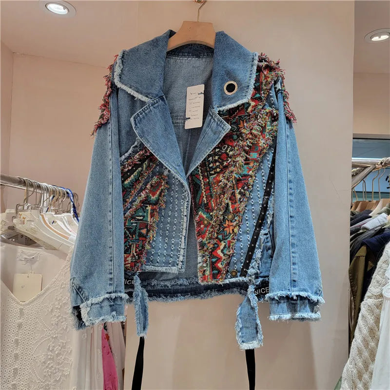 Dames etnisch geometrische bloemen geborduurde denimjack met klinknagels