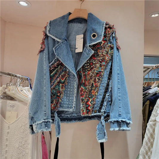 Dames etnisch geometrische bloemen geborduurde denimjack met klinknagels