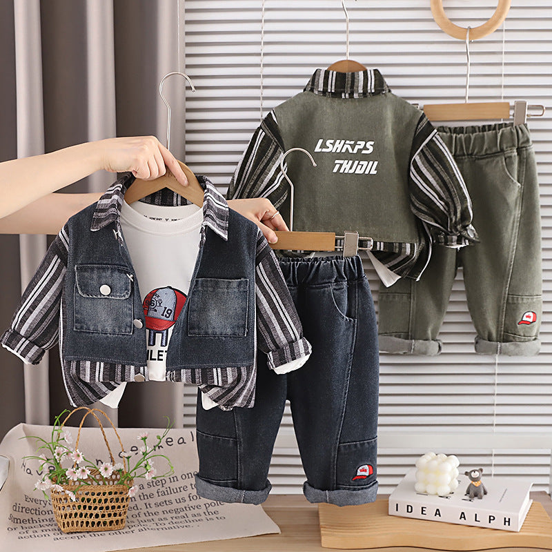 Striped patchwork denim long sleeved three piece set for men