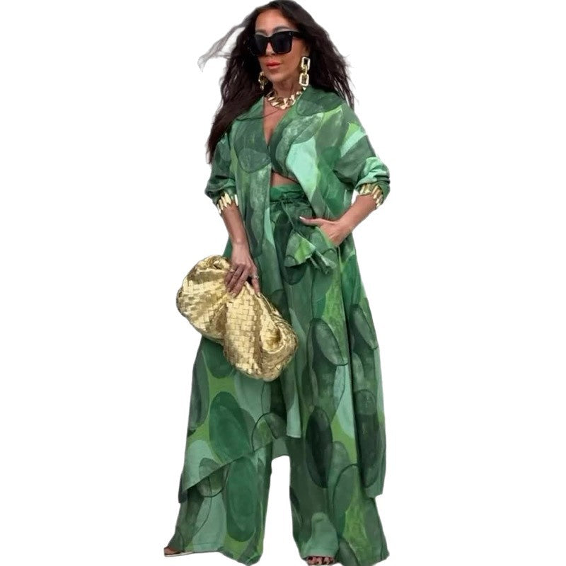Tweedelige elegante set: lange overhemd met print + wijde broek