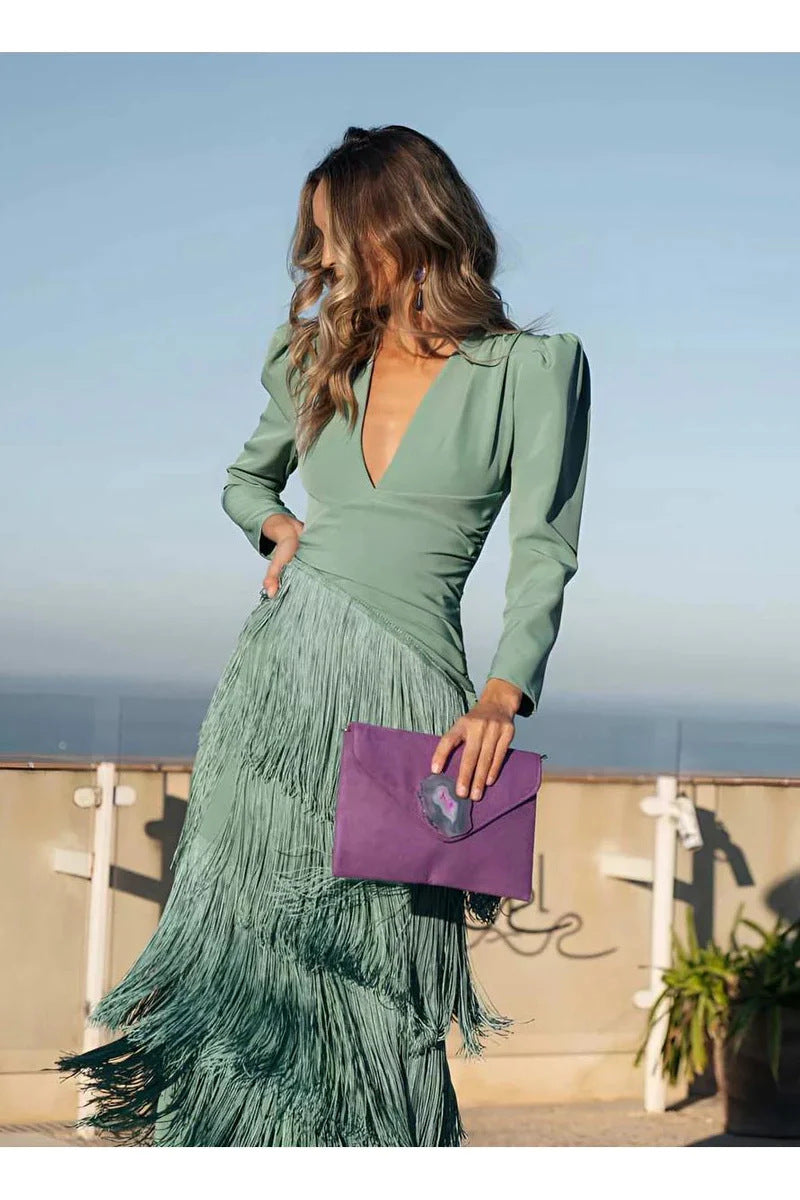 Deep V Tassel Slim Fit Dress