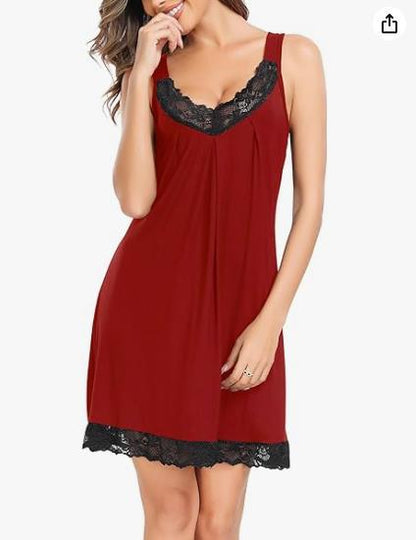 Womens Modal Lace V Neck Sleeveless Nightdress Loose Sleepwear