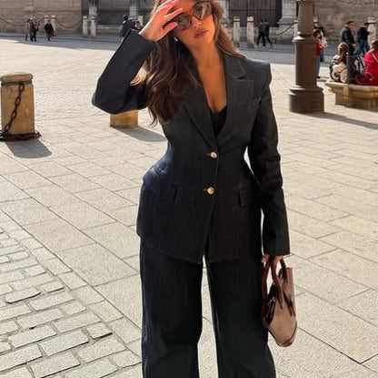 Sierlijke denim 3-delige mantelpak of los