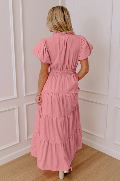 Effen maxi-jurk met V-hals korte pofmouwen en hoge taille