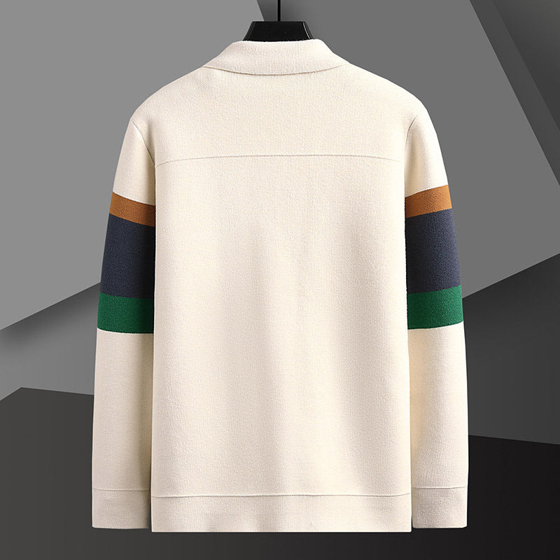 Mens Lapel Color Block Knitted Cardigan