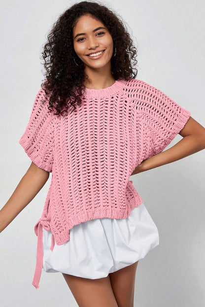 Plus size open gebreide trui met strik en korte mouwen