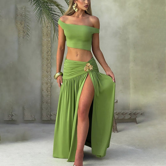 Sexy blote navel diagonaal kraag top slim fit split rok pak