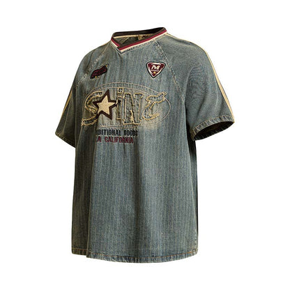Embroidered letters embroidered fabric washed and used denim short sleeves