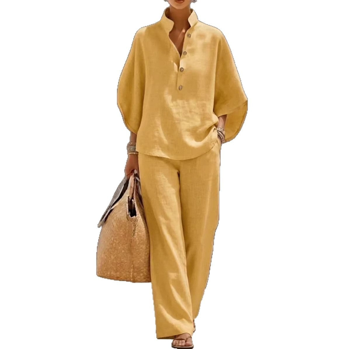 Womens Cotton Linen Shirt Set Casual Long Sleeve