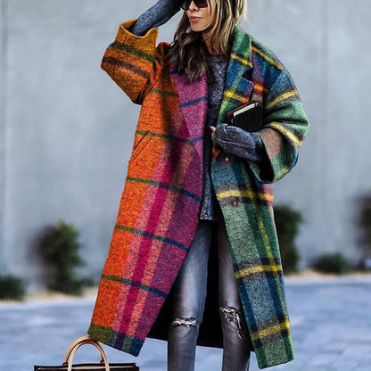 Women's multi-color checked long-sleeved button-up coat