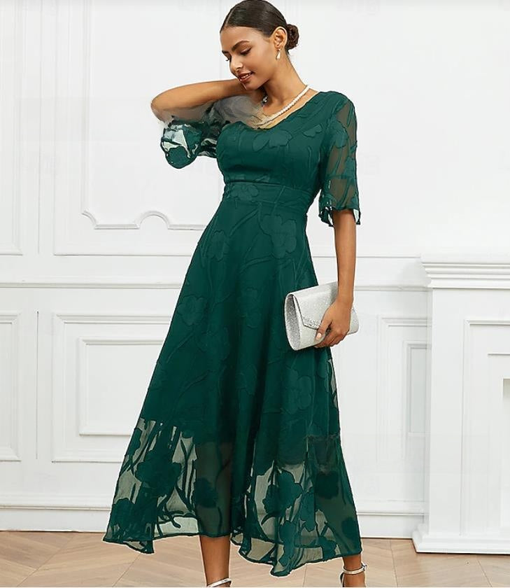 Womens Elegant V-Neck Jacquard A-Line Midi Dress