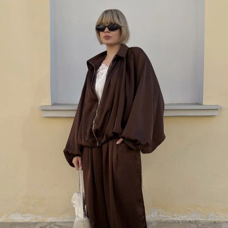 French Style Lapel Zipper Jacket and Pants Set
