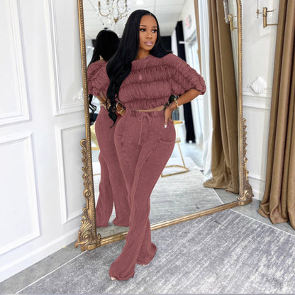 Sexy tweedelig setje croptop en nauwsluitende lange flared broek